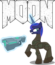 Size: 1176x1394 | Tagged: safe, artist:totallynotabronyfim, character:princess luna, species:alicorn, species:pony, alternate hairstyle, armor, bfg, doom, female, glowing horn, gun, magic, mare, moon, praetor suit, simple background, solo, telekinesis, transparent background, weapon