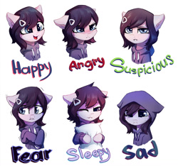 Size: 1069x1000 | Tagged: safe, artist:inowiseei, oc, oc only, oc:rainfall bloom, species:pony, angry, blushing, bust, clothing, commission, crying, cute, expressions, female, frown, hoodie, looking at you, mare, portrait, smiling