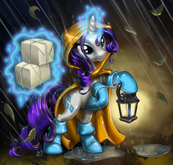 Size: 1600x1529 | Tagged: safe, artist:harwick, character:rarity, species:pony, species:unicorn, female, glowing horn, lamp, magic, mare, package, rain, rain boots, raincoat, smiling, solo