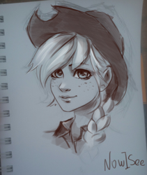 Size: 790x938 | Tagged: safe, artist:inowiseei, character:applejack, species:human, braided ponytail, bust, clothing, cowboy hat, female, grayscale, hat, humanized, monochrome, portrait, signature, sketch, sketchbook, smiling, solo, stetson