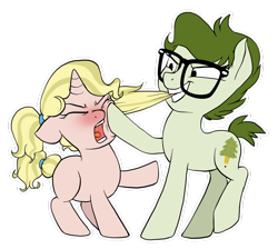 Size: 1024x917 | Tagged: safe, artist:lostinthetrees, oc, oc only, oc:floralscript, oc:trees, species:earth pony, species:pony, species:unicorn, biting, female, filly, hair bite, simple background, sisters, transparent background, younger