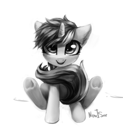 Size: 850x882 | Tagged: safe, artist:inowiseei, character:lyra heartstrings, species:pony, species:unicorn, cute, female, looking at you, mare, monochrome, simple background, sitting, smiling, solo, underhoof