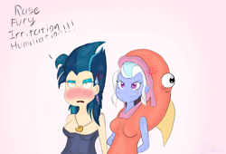 Size: 3208x2181 | Tagged: safe, artist:mildockart, character:indigo zap, character:sugarcoat, my little pony:equestria girls, clothing, cosplay, costume, cross-popping veins, dying for pie, salmon suit, spongebob squarepants, the little mermaid, ursula