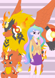 Size: 2328x3252 | Tagged: safe, artist:pyrus-leonidas, character:princess celestia, character:principal celestia, my little pony:equestria girls, clothing, coronamon, crossover, digidestined, digimon, female, firamon, fire, multicolored hair, pink background, praise the sun, purple eyes, simple background, skirt, smiling