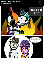 Size: 1882x2537 | Tagged: safe, artist:moonlightfan, character:cookie crumbles, character:hondo flanks, character:rarity, ship:cookieflanks, episode:it isn't the mane thing about you, g4, my little pony: friendship is magic, alternate hairstyle, comic, electric guitar, guitar, punk, punkity, shipping