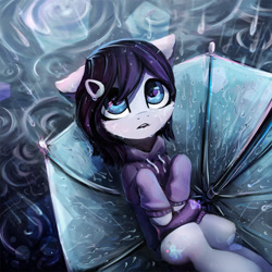Size: 1000x1000 | Tagged: safe, artist:inowiseei, oc, oc only, oc:rainfall bloom, species:earth pony, species:pony, clothing, commission, cute, female, hoodie, mare, on back, open mouth, rain, solo, umbrella, wet, wet mane