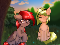 Size: 4000x3000 | Tagged: safe, artist:crash9902, rcf community, oc, oc only, species:pegasus, species:pony, eyes closed, female, forest, mare, smiling, sunset