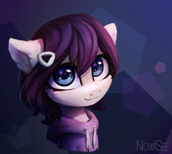 Size: 1673x1500 | Tagged: safe, artist:inowiseei, oc, oc only, oc:rainfall bloom, species:pony, abstract background, bust, clothing, commission, female, hoodie, looking at you, mare, portrait, smiling, solo