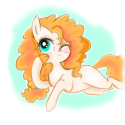 Size: 869x870 | Tagged: safe, artist:pinkablue, derpibooru original, character:pear butter, species:earth pony, species:pony, female, mare, missing cutie mark, one eye closed, simple background, smiling, solo, wink