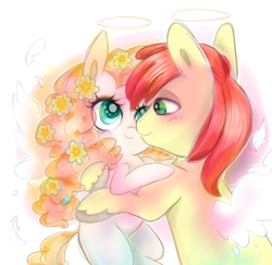 Size: 912x891 | Tagged: safe, artist:pinkablue, derpibooru original, character:bright mac, character:pear butter, ship:brightbutter, duo, female, flower, flower in hair, flying, heaven, looking at each other, male, shipping, simple background, straight