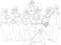 Size: 3400x2532 | Tagged: safe, artist:catstuxedo, character:applejack, character:fluttershy, character:pinkie pie, character:rainbow dash, character:rarity, character:spike, character:starlight glimmer, character:twilight sparkle, character:twilight sparkle (alicorn), species:alicorn, species:human, species:pony, amplejack, applefat, bbw, belly button, bhm, bikini, clothing, double chin, fat, fat spike, fattershy, horned humanization, humanized, monochrome, obese, one-piece swimsuit, piggy pie, pudgy pie, raritubby, starlard glimmer, swimsuit, twilard sparkle, winged humanization, wings