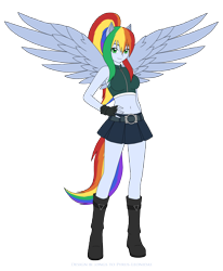 Size: 2444x2966 | Tagged: safe, artist:pyrus-leonidas, oc, oc only, oc:prism bolt, parent:rainbow dash, parent:soarin', parents:soarindash, species:human, belly button, boots, clothing, cute, eared humanization, female, fingerless gloves, gloves, humanized, legs, midriff, miniskirt, offspring, ponied up, pony coloring, shoes, short shirt, simple background, skirt, smiling, solo, tailed humanization, transparent background, winged humanization