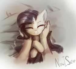 Size: 898x815 | Tagged: safe, artist:inowiseei, character:rarity, species:human, species:pony, species:unicorn, g4, cute, eyes closed, female, mare, offscreen character, petting, pov, raribetes