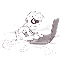 Size: 805x739 | Tagged: safe, artist:inowiseei, character:rainbow dash, species:pegasus, species:pony, computer, cute, dashabetes, female, laptop computer, mare, monochrome, open mouth, simple background, sketch, solo