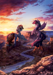 Size: 954x1349 | Tagged: safe, artist:inowiseei, character:rainbow dash, character:twilight sparkle, character:twilight sparkle (alicorn), species:alicorn, species:pegasus, species:pony, g4, canyon, cloud, duo, female, flying, looking at each other, mare, open mouth, profile, scenery, scenery porn, sky, smiling, spread wings, wings