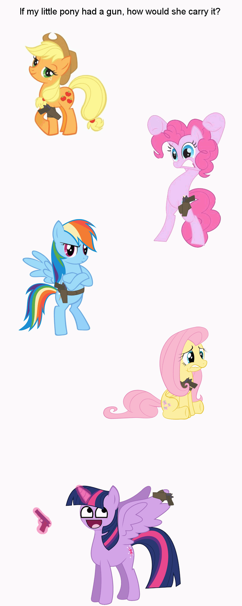 Size: 800x2000 | Tagged: safe, artist:totallynotabronyfim, character:applejack, character:fluttershy, character:pinkie pie, character:rainbow dash, character:twilight sparkle, character:twilight sparkle (alicorn), species:alicorn, species:pony, animated, awesome face, dog pants, female, gif, gun, holster, m1911, meme, simple background, weapon, white background