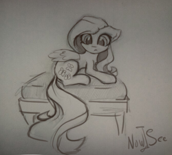 Size: 869x787 | Tagged: safe, artist:inowiseei, character:fluttershy, species:pony, female, mare, monochrome, ottoman (furniture), signature, simple background, sketch, solo, traditional art
