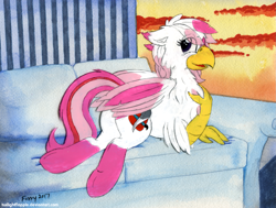Size: 1323x1000 | Tagged: safe, artist:foxxy-arts, oc, oc only, oc:foxxy hooves, species:classical hippogriff, species:hippogriff, animation cel, butt, chest fluff, cute, female, hand on chest, looking at you, plot, solo, traditional art