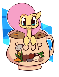Size: 2000x2600 | Tagged: safe, artist:hedgehog-plant, character:fluttershy, species:pegasus, species:pony, :3, abstract background, carrot, corn, cup, cute, female, fish, food, hoof hold, leek, looking at you, mare, onion, potato, shyabetes, solo, soup, spoon
