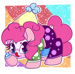 Size: 1024x1016 | Tagged: safe, artist:hedgehog-plant, character:pinkie pie, species:earth pony, species:pony, abstract background, clothing, clown, female, hat, mare, party hat, solo