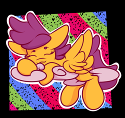 Size: 1800x1700 | Tagged: safe, artist:hedgehog-plant, character:scootaloo, species:pegasus, species:pony, :3, abstract background, cloud, female, filly, sleeping, solo