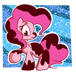 Size: 1800x1700 | Tagged: safe, artist:hedgehog-plant, character:pinkie pie, species:earth pony, species:pony, :s, abstract background, chocolate, dirty, female, food, looking back, mare, raised hoof, solo, wavy mouth