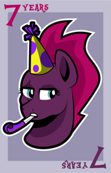 Size: 587x915 | Tagged: safe, artist:moonlightfan, character:tempest shadow, my little pony: the movie (2017), bust, celebration, clothing, female, happy birthday mlp:fim, hat, mlp fim's seventh anniversary, party hat, party horn, solo, tempest gets her horn back, tempest the birthday guest