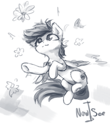 Size: 741x839 | Tagged: safe, artist:inowiseei, character:scootaloo, species:pegasus, species:pony, chest fluff, cute, cutealoo, female, filly, flower, monochrome, solo, underhoof