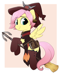 Size: 2290x2750 | Tagged: safe, artist:moozua, character:fluttershy, species:pegasus, species:pony, alternate hairstyle, book, boots, broom, clothing, crossover, cute, dress, ear piercing, earring, female, flying, flying broomstick, gloves, halloween, hat, holiday, jewelry, leather, mare, mercy, mercyshy, overwatch, piercing, pixie cut, shoes, shyabetes, smiling, socks, thigh highs, witch, witch hat