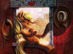 Size: 1600x1188 | Tagged: safe, artist:harwick, character:applejack, species:pony, applejack appreciation day, barn, blonde, blonde hair, blonde tail, clothing, cowboy hat, cutie mark, eyes closed, female, freckles, hat, lasso, mare, nap, rope, sleeping, smiling, solo, stetson, underhoof