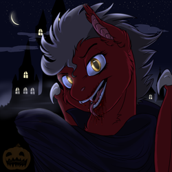 Size: 1600x1600 | Tagged: safe, artist:shimazun, oc, oc only, blood, clothing, crescent moon, fangs, halloween, holiday, male, moon, night, open mouth, solo, vampire, ych result