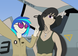 Size: 1940x1416 | Tagged: safe, artist:arcanelexicon, artist:totallynotabronyfim, character:dj pon-3, character:octavia melody, character:vinyl scratch, species:human, clothing, dog tags, ea-6b prowler, eyepatch, flight suit, humanized, marines, military, peace sign, playboy bunny, selfie, smiling, sunglasses, tank top, uniform