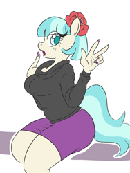 Size: 1000x1333 | Tagged: safe, artist:jargon scott, artist:whale, character:coco pommel, species:anthro, clothing, collaboration, female, fingernails, looking at you, open mouth, peace sign, simple background, solo, sweater
