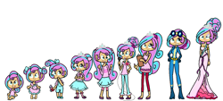Size: 1385x627 | Tagged: safe, artist:obeliskgirljohanny, character:princess flurry heart, species:human, adult, age progression, baby, braces, child, clipboard, clothing, flower, grown, humanized, jewelry, lidded eyes, lipstick, looking at you, looking up, microphone, older, older flurry heart, open mouth, teenager, tiara, timeline, toddler, uniform, wonderbolts, wonderbolts uniform