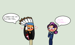 Size: 872x524 | Tagged: safe, artist:obeliskgirljohanny, character:chief thunderhooves, character:principal abacus cinch, oc, species:human, my little pony:equestria girls, blushing, blushing profusely, bouquet, crack shipping, feather, female, flower, headdress, heart, humanized, lidded eyes, looking down, male, native american, rose, shipping, straight, thundercinch