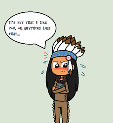 Size: 481x524 | Tagged: safe, artist:obeliskgirljohanny, character:chief thunderhooves, species:human, arms folded, blushing, feather, headdress, humanized, indian chief, looking down, native american, tsundere