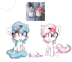 Size: 997x862 | Tagged: safe, artist:inowiseei, oc, oc only, species:earth pony, species:pony, blueberry, chest fluff, chibi, cute, duo, female, floppy ears, food, ice cream, mare, ocbetes, ponified, simple background, sitting, smiling, strawberry, tongue out, white background