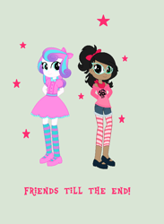 Size: 617x843 | Tagged: safe, artist:obeliskgirljohanny, base used, character:princess flurry heart, oc, oc:scaryboo, obdessaverse, my little pony:equestria girls, clothing, dress, female, flats, leggings, looking at each other, shorts, socks, striped socks