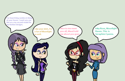 Size: 846x550 | Tagged: safe, artist:obeliskgirljohanny, character:inky rose, character:maud pie, character:moonlight raven, oc, oc:seraphim cyanne, species:human, council of goth ponies, gothic, gothic lolita, humanized