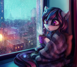 Size: 1790x1545 | Tagged: safe, artist:inowiseei, oc, oc only, oc:rainfall bloom, species:earth pony, species:pony, episode:slice of life, g4, my little pony: friendship is magic, blanket, chocolate, city, color porn, comfy, commission, cozy, drink, female, food, headphones, hot chocolate, mare, mp3 player, rain, solo, window