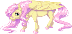 Size: 1882x887 | Tagged: safe, artist:kittehkatbar, character:fluttershy, species:pegasus, species:pony, colored hooves, female, folded wings, hoers, looking at you, mare, simple background, smiling, solo, tail feathers, transparent background, unshorn fetlocks, wings