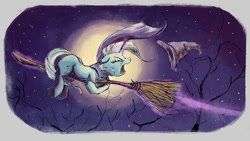 Size: 1280x720 | Tagged: safe, artist:plainoasis, character:trixie, species:pony, species:unicorn, backwards, broom, cape, clothing, eyes closed, female, flying, flying broomstick, full moon, glowing horn, hat, magic, mare, moon, night, solo, tree, trixie's cape, trixie's hat