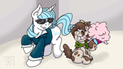 Size: 2560x1440 | Tagged: safe, artist:dimvitrarius, oc, oc only, oc:frostflow, oc:guttersnipe, species:earth pony, species:pony, species:unicorn, blank flank, business suit, businessmare, cotton candy, cutie mark, simple background, sitting, smiling, sunglasses