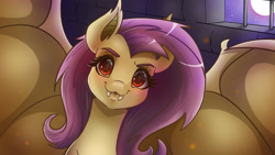 Size: 2560x1440 | Tagged: safe, artist:pitchyy, character:flutterbat, character:fluttershy, species:bat pony, species:pony, eyebrows, eyelashes, fangs, female, full moon, grid, indoors, jail, lattice, looking at you, mare, moon, night, prisoner, race swap, red eyes, solo, spread wings, stars, wings