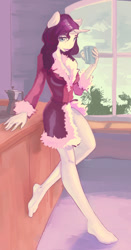 Size: 942x1800 | Tagged: safe, artist:oneofyouare, character:rarity, species:anthro, species:plantigrade anthro, barefoot, dressing gown, feet, female, lipstick, looking at you, solo