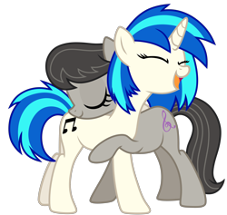 Size: 3900x3700 | Tagged: safe, artist:yaaaco, character:dj pon-3, character:octavia melody, character:vinyl scratch, species:earth pony, species:pony, species:unicorn, ship:scratchtavia, eyes closed, female, hug, lesbian, mare, shipping, simple background, smiling