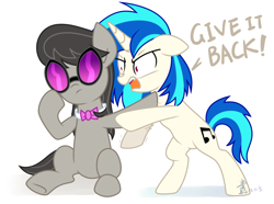 Size: 1800x1340 | Tagged: safe, artist:yaaaco, character:dj pon-3, character:octavia melody, character:vinyl scratch, species:earth pony, species:pony, species:unicorn, accessory theft, female, grammar error, mare, simple background, sunglasses