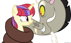 Size: 1271x768 | Tagged: safe, artist:moonlightdisney5, base used, character:discord, character:moondancer, species:draconequus, species:pony, dancerverse, episode:the return of harmony, g4, my little pony: friendship is magic, coiling, coils, grin, simple background, smiling, transparent background