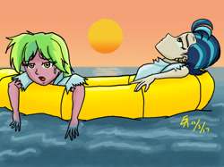 Size: 800x598 | Tagged: safe, artist:mayorlight, character:indigo zap, character:lemon zest, my little pony:equestria girls, digital art, life raft, ocean, sun, water