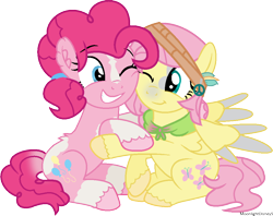 Size: 972x769 | Tagged: safe, artist:moonlightdisney5, character:fluttershy, character:pinkie pie, species:earth pony, species:pegasus, species:pony, alternate design, alternate hairstyle, cheek squish, cute, diapinkes, duo, female, hug, looking at each other, mare, one eye closed, shyabetes, simple background, sitting, smiling, squishy cheeks, transparent background